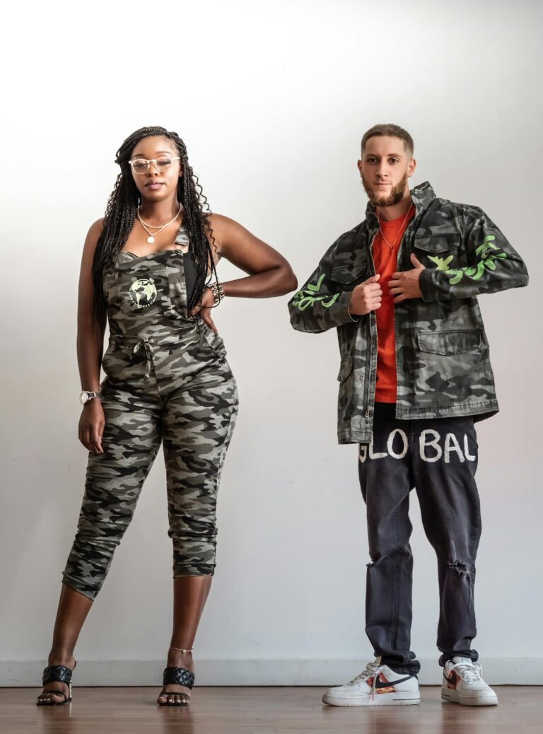 Models showcase trendy camo outfits on a white studio backdrop.